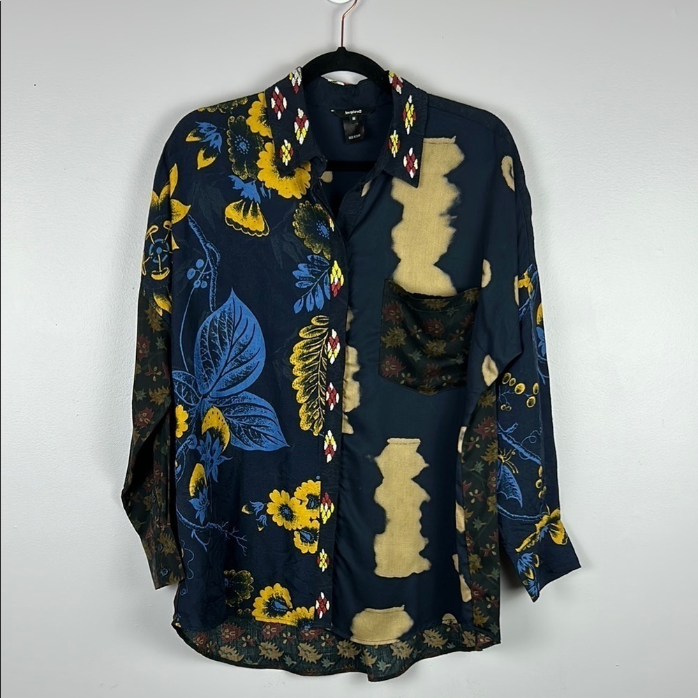 Desigual Vardar Artsy Embroidered Long Sleeve Button Down Shirt Medium Blue - Picture 2 of 13